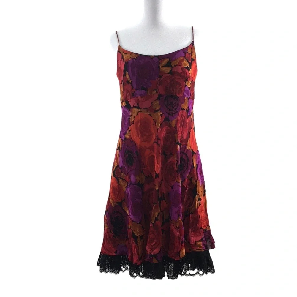 Vintage 90s Lillie Rubin Multicolor Floral Slip Dress with Black Lace Hem